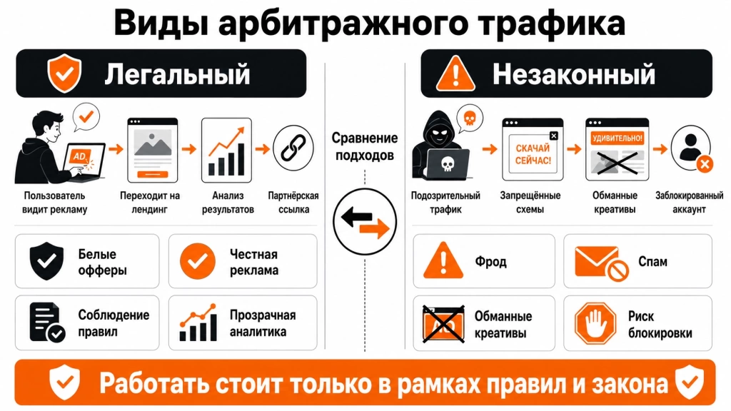 vidy-arbitrazhnogo-trafika-legalnyj-i-nezakonnyj.webp Инфографика о видах арбитражного трафика с разделением на легальный и незаконный подходы.