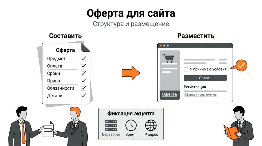 Инфографика о составлении и размещении оферты на сайте: структура документа, футер, корзина, чекбокс согласия и фиксация акцепта. 