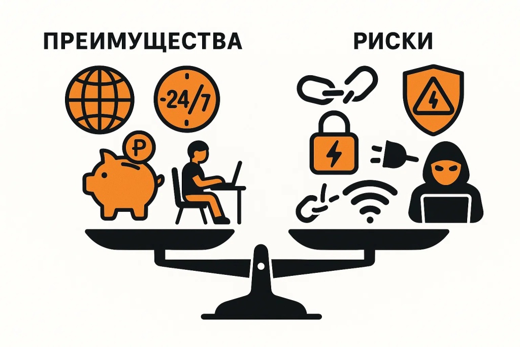 Инфографика преимущества и риски онлайн бизнеса показаны на весах