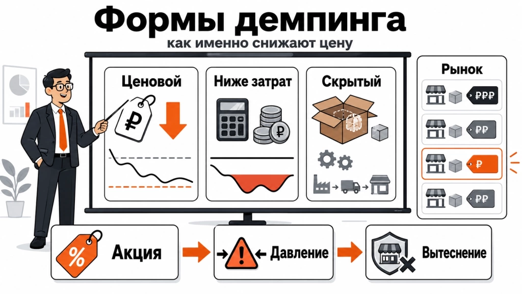vidy-formy-metody-dempinga.webp Инфографика о формах демпинга: снижении цены, продаже ниже затрат и скрытых методах экономии.