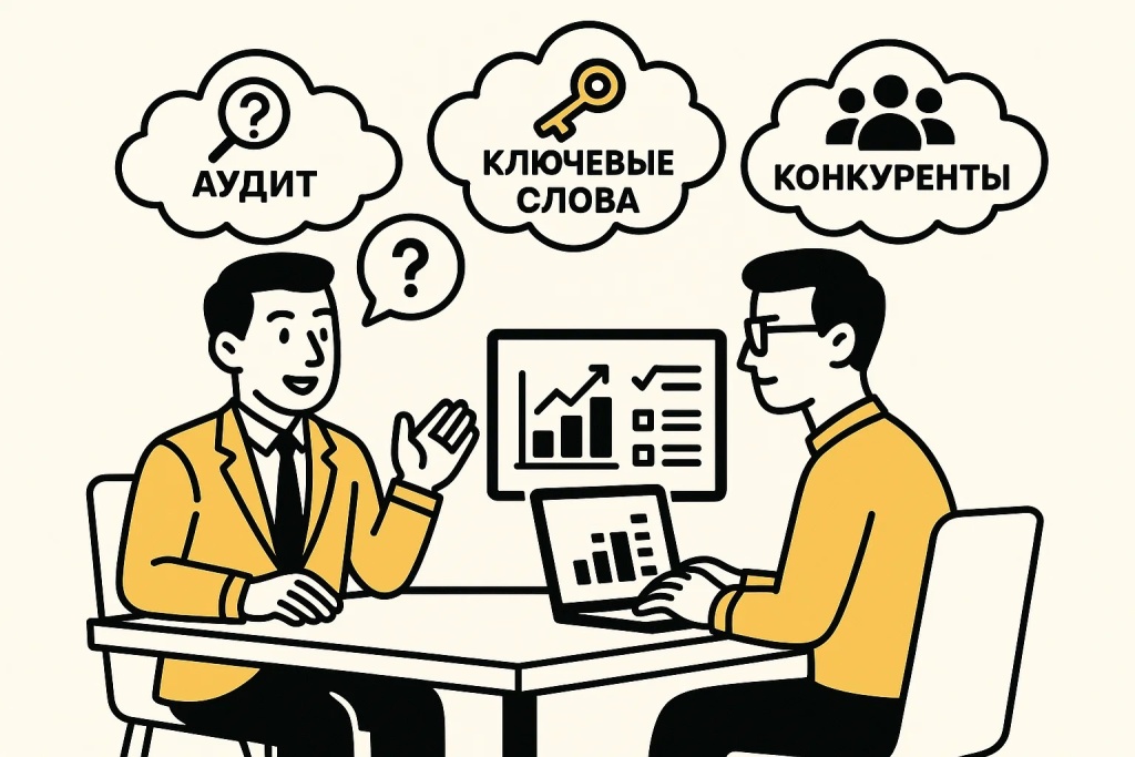 Иллюстрация обсуждения SEO стратегии с акцентом на аудит, ключевые слова и конкурентов. Иллюстрация обсуждения SEO стратегии с акцентом на аудит, ключевые слова и конкурентов.