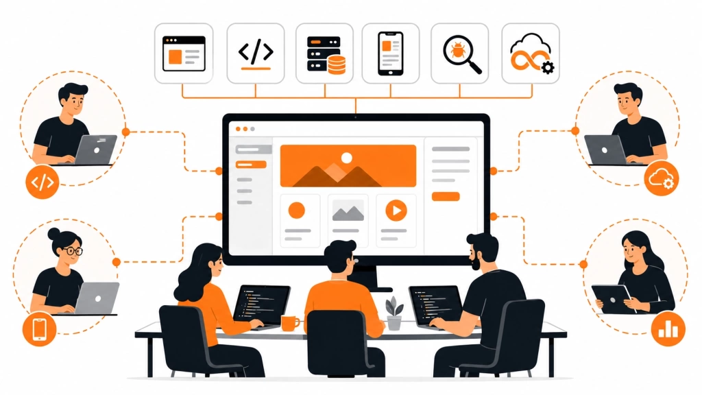 Иллюстрация услуг IT-аутстаффинга: внешние разработчики, тестировщики и DevOps-специалисты подключаются к команде проекта.