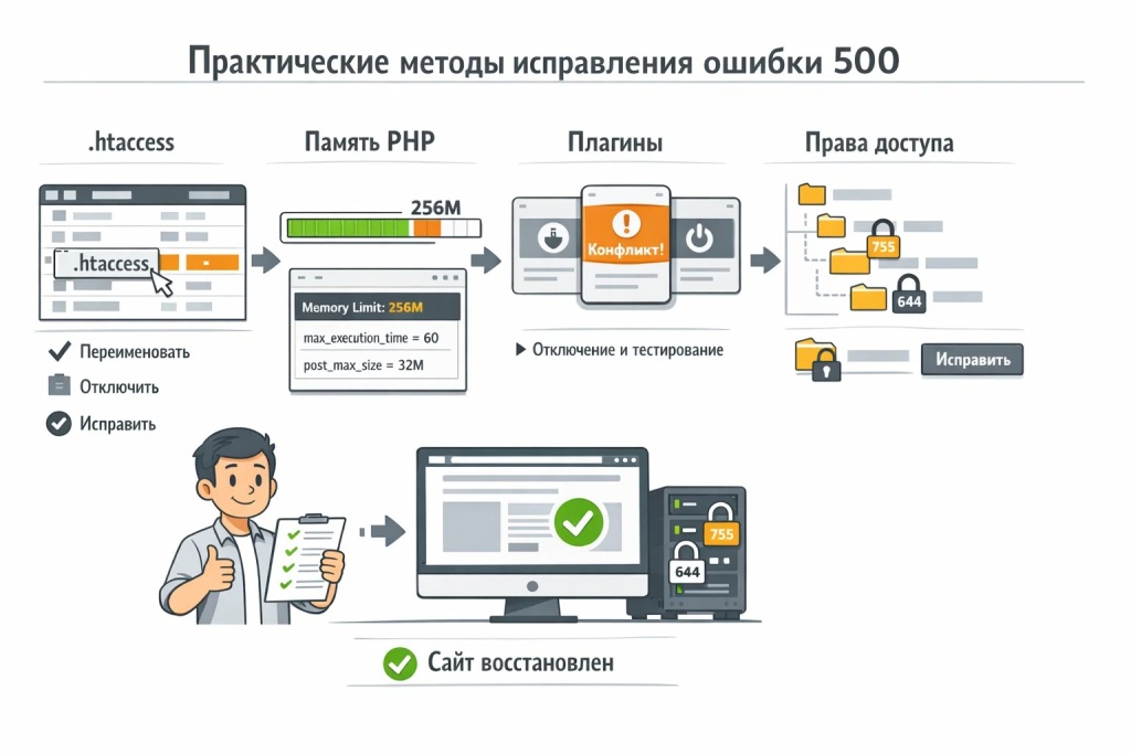 prakticheskie-metody-ispravleniya-oshibki-500-dlya-vebmastera.jpg Инфографика о практических способах исправления ошибки 500: проверка .htaccess, увеличение памяти PHP, отключение плагинов и исправление прав доступа.