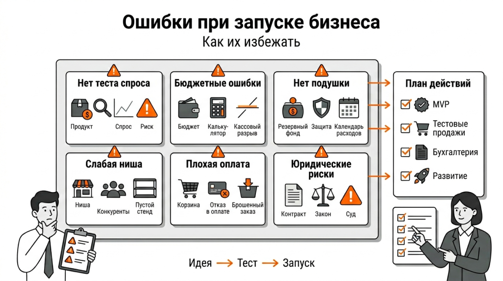 Инфографика о частых ошибках при старте бизнеса: финансовые просчёты, отсутствие тестирования, неверная ниша, слабая аналитика и юридические риски. 