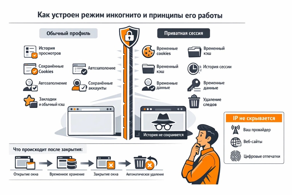  Инфографика о принципах работы режима инкогнито: изолированная сессия, временные cookies, отсутствие сохранения истории и локальное удаление данных после закрытия окна.