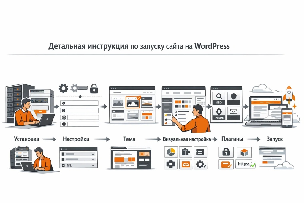 detalnaya-instrukciya-po-zapusku-sajta-na-wordpress.jpg Инфографика о запуске сайта на WordPress: установка CMS, настройка темы, плагины, меню, безопасность и подготовка сайта к работе.