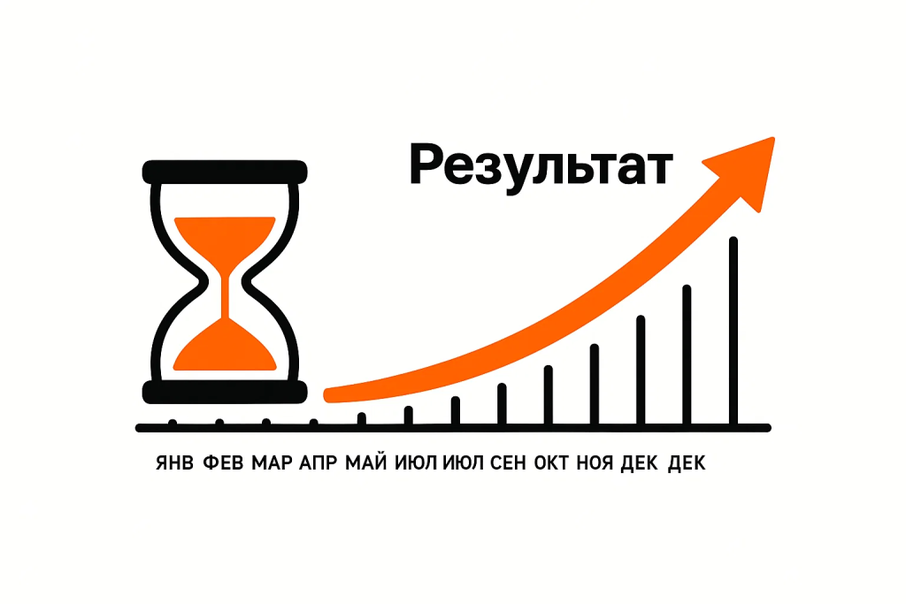 Иллюстрация, показывающая сроки и рост результатов SEO для онлайн-школ в виде временной шкалы и восходящего графика.
