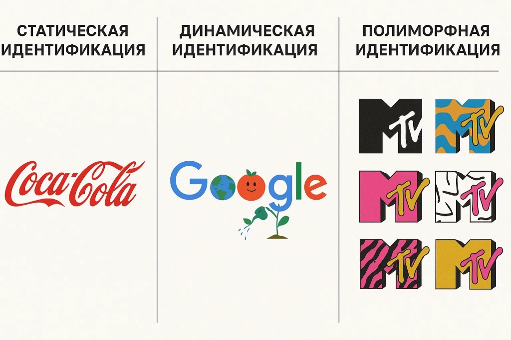 Логотипы Coca-Cola, Google и MTV, показывающие статическую, динамическую и полиморфную идентификацию.