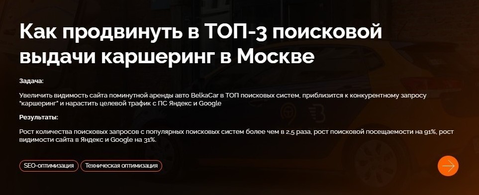 SEO кейс вывода каршеринга BelkaCar в ТОП-3 выдачи Яндекса и Google в Москве.