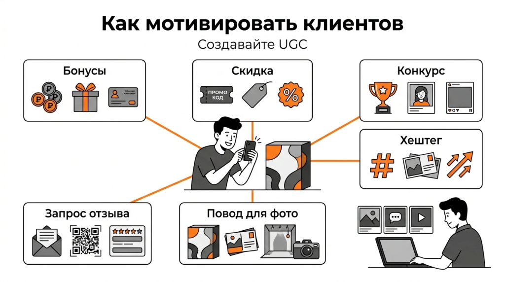 Инфографика о мотивации клиентов создавать UGC: бонусы, скидки, конкурсы, хэштеги, упаковка и запросы отзывов. 