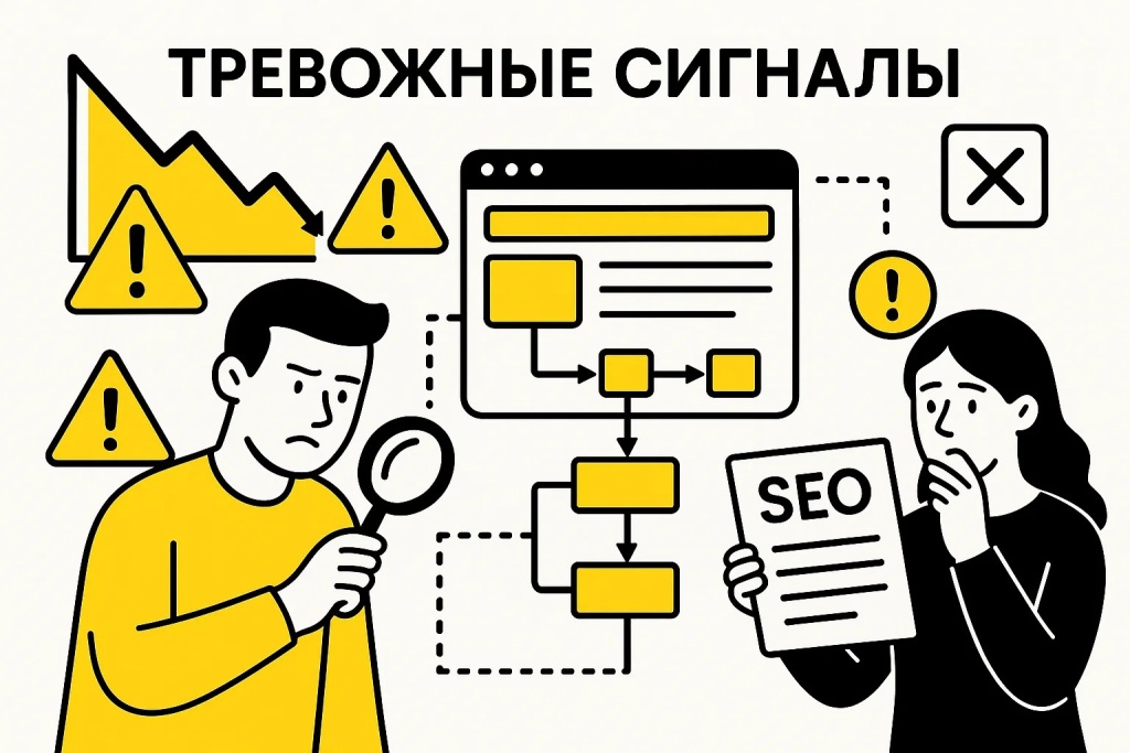 Тревожные сигналы SEO-плана: ошибки, падение трафика и необходимость обновить структуру сайта.
