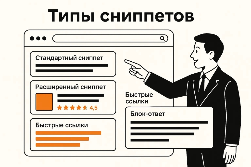 Обзор различных типов SEO сниппетов включая стандартные, расширенные и быстрые ссылки