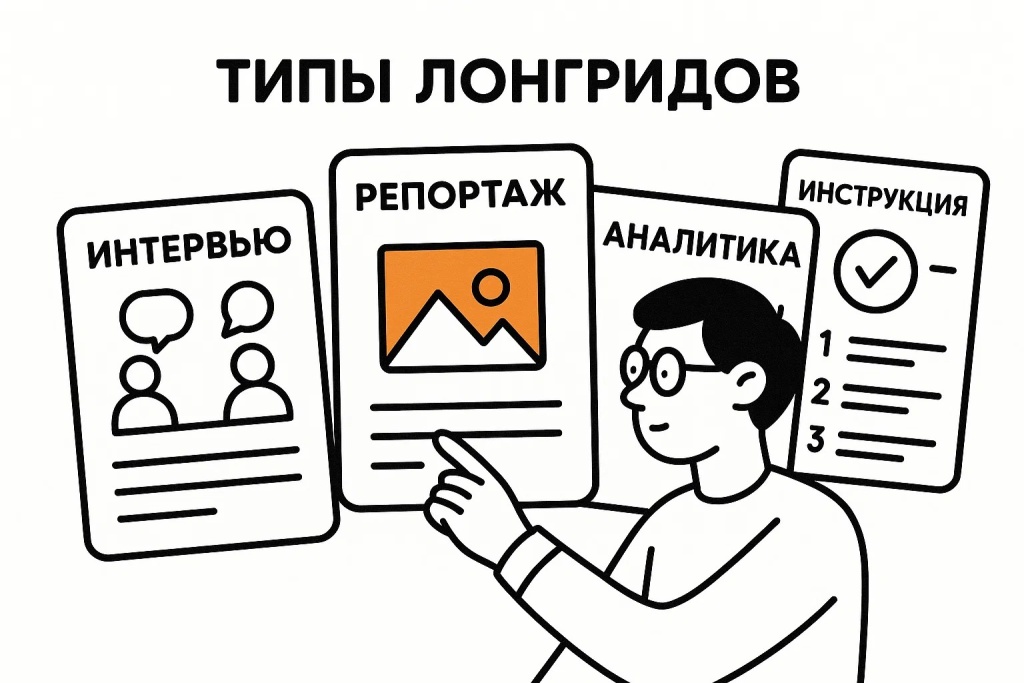 Типы лонгридов с карточками интервью, репортажа и аналитики.