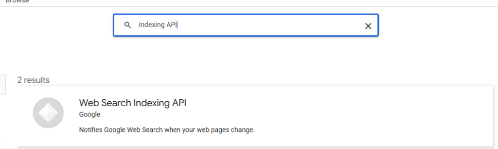 Результаты поиска и выбор Web Search Indexing API в Google Cloud Console.
