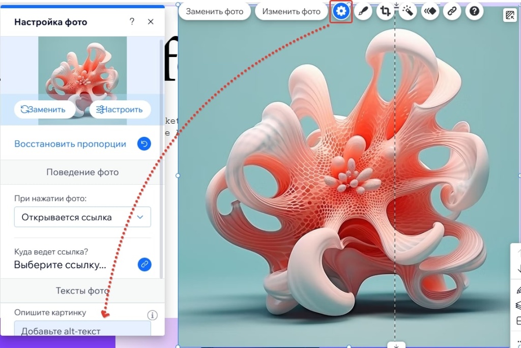 wix-photo-settings-add-alt-text.jpg Настройка фото в Wix с добавлением alt-текста и настройками поведения при клике.