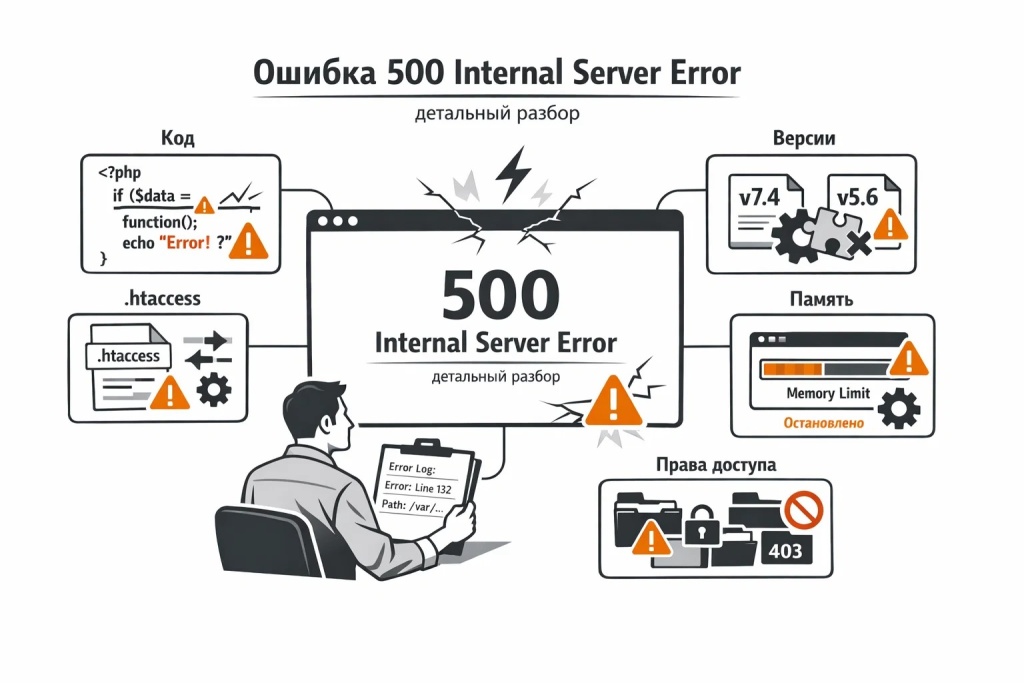 oshibka-500-internal-server-error-detalnyj-razbor.jpg Инфографика о разборе ошибки 500 Internal Server Error: пустая страница, лог ошибок, PHP-сбой, .htaccess, память сервера и поиск причины поломки.