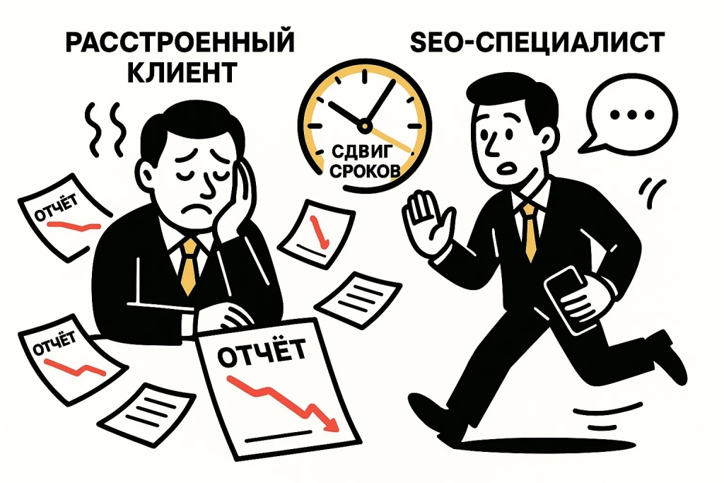 Расстроенный клиент и SEO специалист на фоне задержки сроков и плохих отчетов.