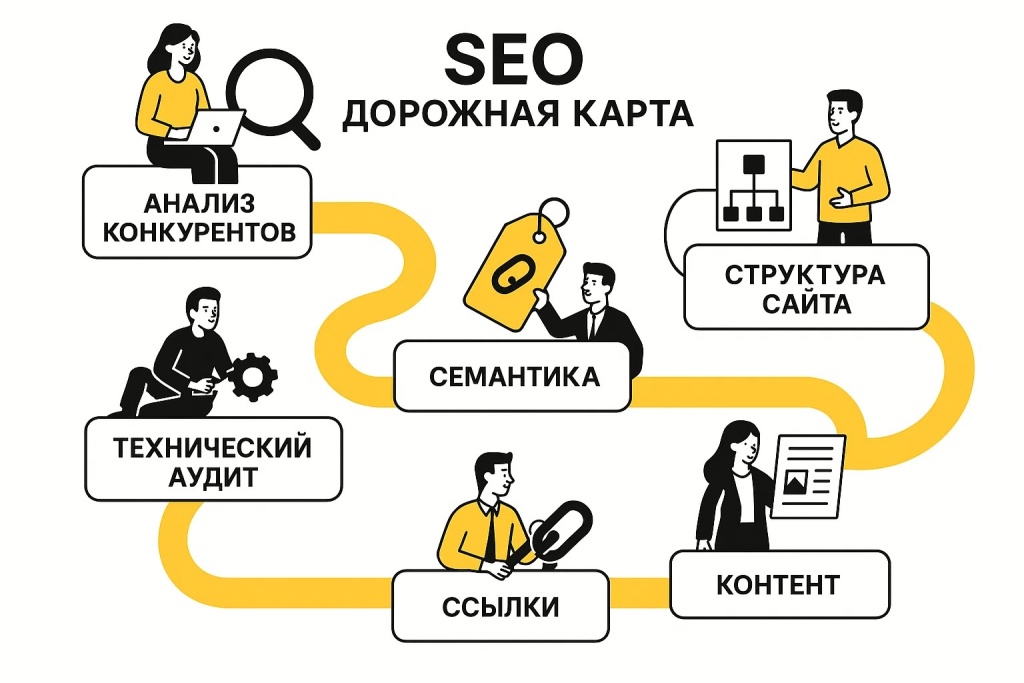 Этапы SEO продвижения от технического аудита до ссылок и контента.