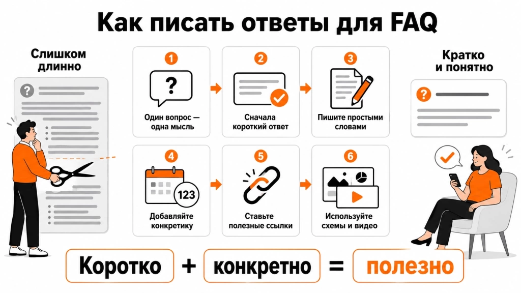 Инфографика о создании контента для FAQ: один вопрос – одна мысль, короткий ответ, простые слова, конкретика, ссылки и мультимедиа.
