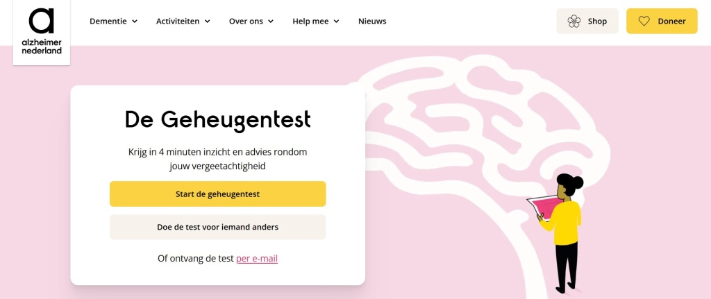 Логотип Alzheimer Nederland и интерфейс теста памяти с иллюстрацией мозга.