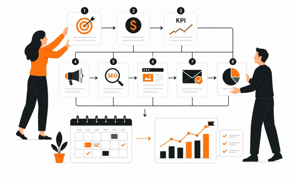 marketing-plan-implementation.webp Структура маркетингового плана с бюджетом, KPI и каналами продвижения