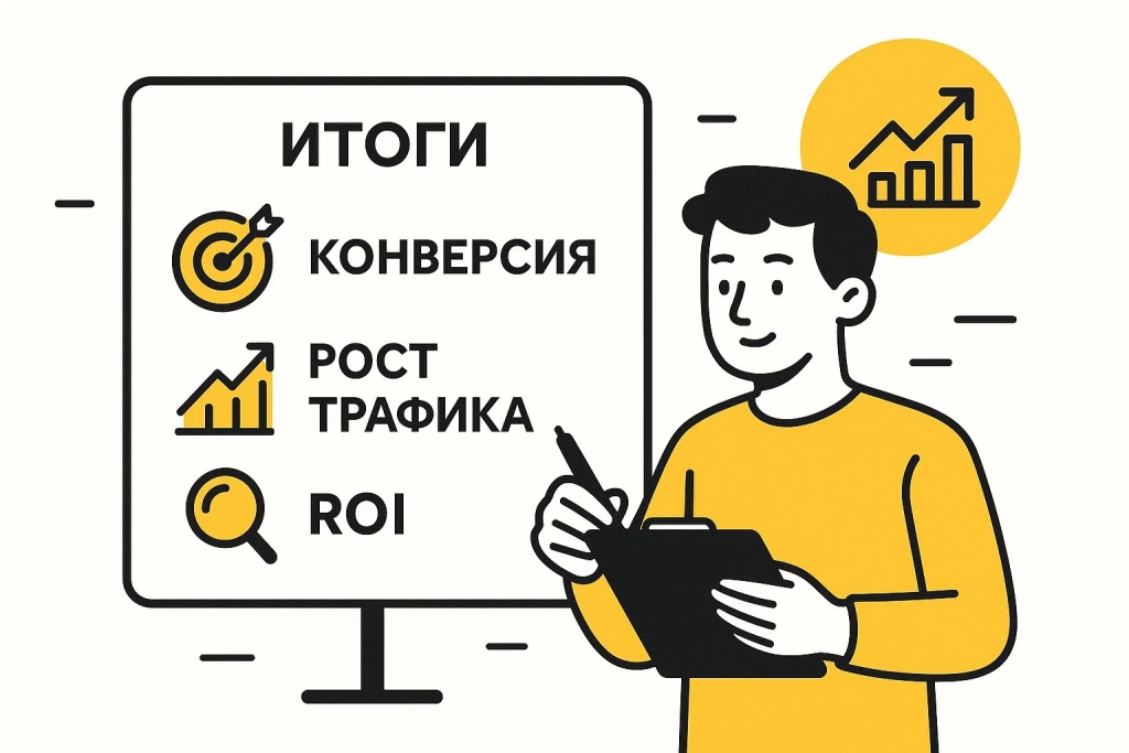 Итоги SEO анализа с показателями конверсии, роста трафика и ROI.