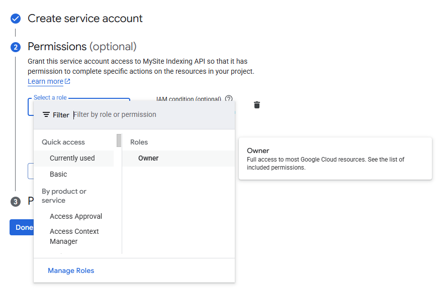 assign-role-service-account.png Выбор роли Owner для сервисного аккаунта Indexing API в Google Cloud.