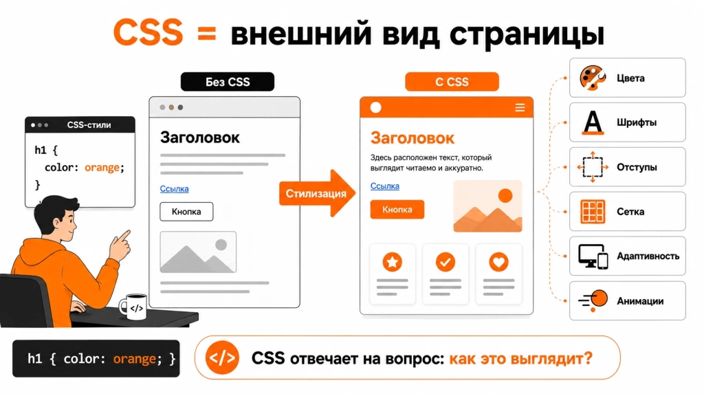 chto-takoe-css-stili-stranicy.webp Инфографика о CSS: стили сайта, цвета, шрифты, отступы, селекторы, свойства, адаптивность, Flexbox и Grid.