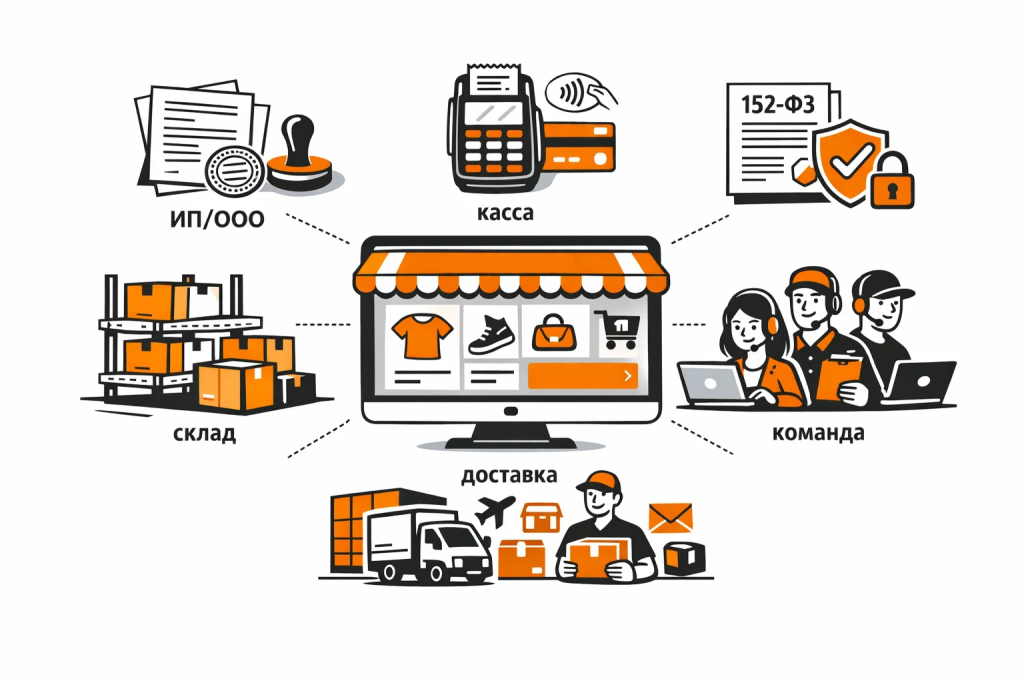 Иллюстрация бизнес-расходов при запуске интернет-магазина: юрчасть, касса, доставка, склад и команда.