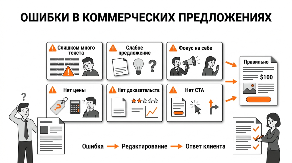 Инфографика о частых ошибках коммерческих предложений: перегруженный текст, слабый оффер, фокус на себе, нет цены и нет CTA. 