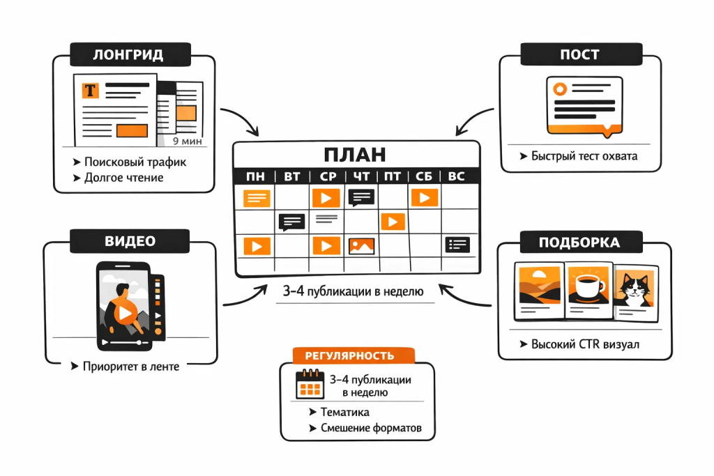 Иллюстрация форматов контента для Дзена и стратегии публикаций: лонгриды, короткие посты, видео и контент-план.
