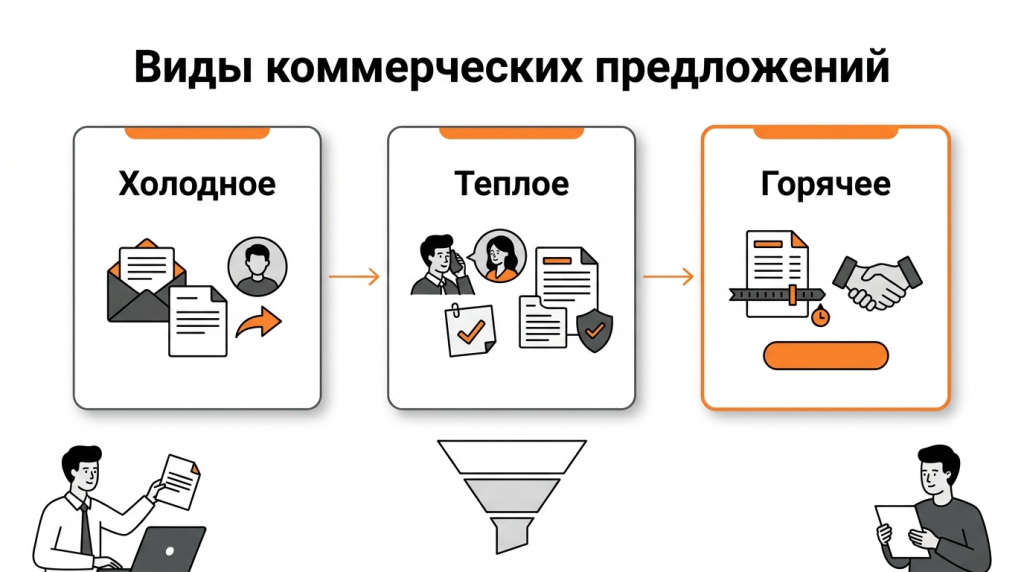 Инфографика о трёх видах коммерческих предложений: холодное, тёплое и горячее КП для разных этапов работы с клиентом. 