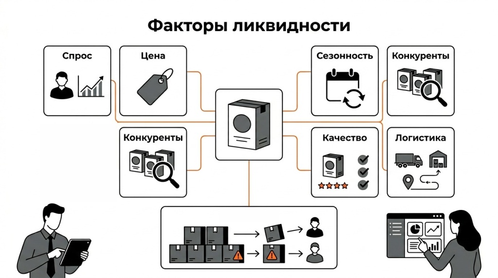 Инфографика о факторах ликвидности товара: спрос, цена, сезонность, конкуренты, качество, логистика и управление запасами. 