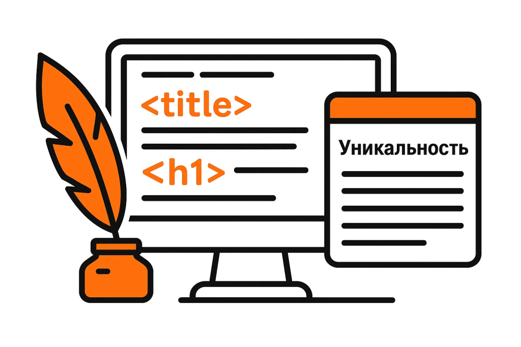 Optimizaciya-metategov-i-kontenta.jpg Изображение оптимизации контента: на экране подсвечены теги Title и H1, рядом перо и текст.