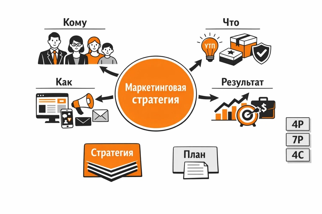 Инфографика о сути маркетинговой стратегии: кому продаем, что предлагаем, как доносим ценность и как это связано с бизнес-целями.