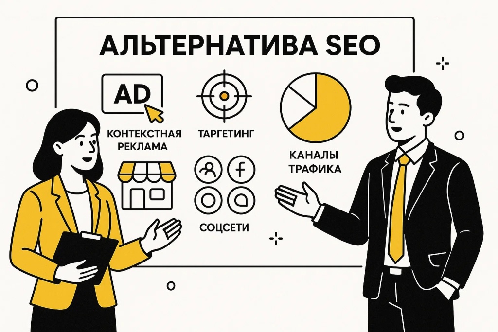 Альтернатива SEO и каналы трафика — контекстная реклама, соцсети и таргетинг.