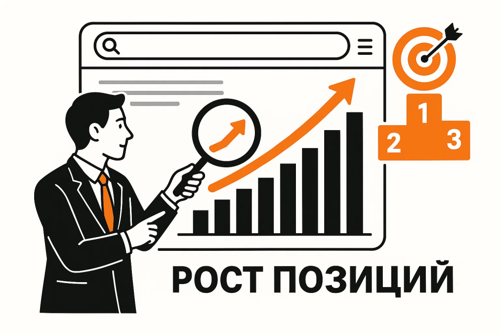 prodvizhenie-po-pozitsiyam.jpg Иллюстрация: график роста позиций сайта в поисковой выдаче, отражающая стратегию продвижения по позициям.