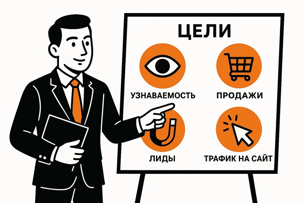 Иерархия основных целей интернет-маркетинга, включая узнаваемость, трафик, лиды и продажи