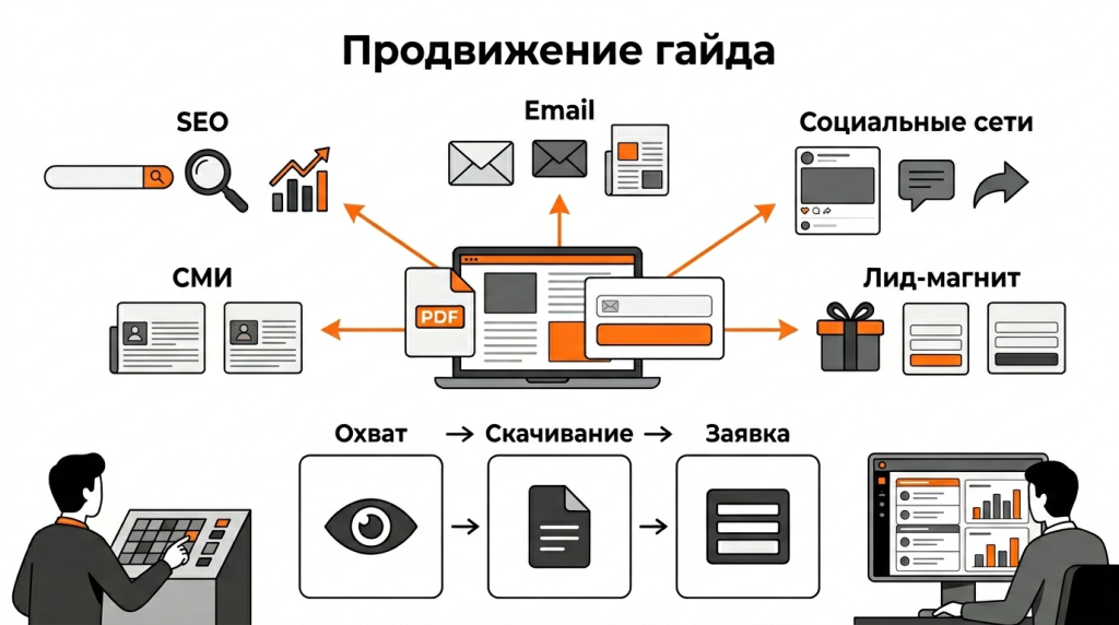 Инфографика о продвижении гайда: SEO, email-рассылка, соцсети, внешние площадки, лид-магнит и сбор заявок. 