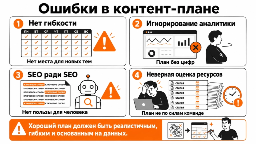chastye-oshibki-pri-sostavlenii-kontent-plana.webp Инфографика с частыми ошибками при составлении контент-плана: отсутствие гибкости, игнорирование аналитики, SEO ради SEO и неправильная оценка ресурсов.