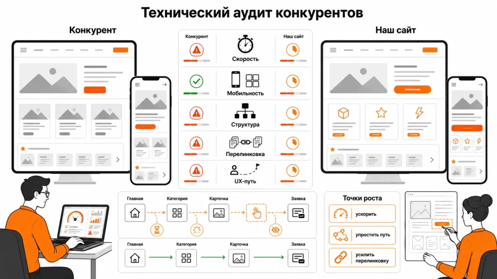 Инфографика о техническом и UX-аудите сайтов конкурентов: скорость, мобильная версия, структура, перелинковка, путь пользователя и точки роста.