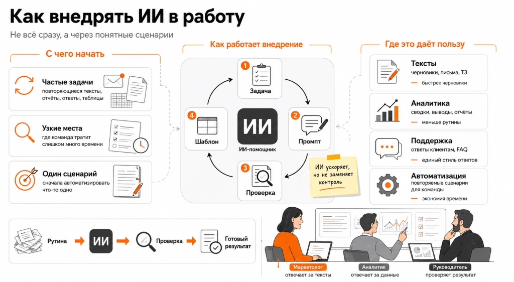 Инфографика о внедрении ИИ в рабочие процессы: выбор задачи, промпты, автоматизация, проверка результата и регулярное использование Gemini.