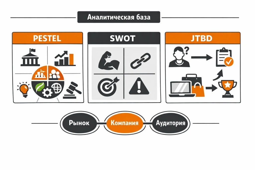 Инфографика о подготовительном этапе стратегии: PESTEL-анализ, SWOT-аудит и исследование аудитории через JTBD.