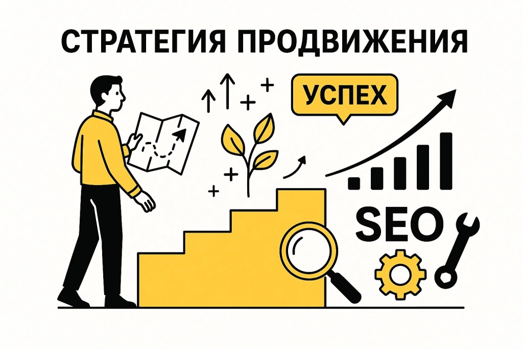 Стратегия продвижения SEO с картой, ростом графика и элементами успеха.