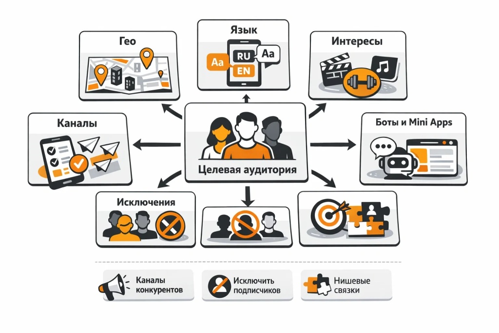 Инфографика по таргетингу в Telegram Ads: гео, язык, интересы, каналы, исключения, боты и Mini Apps.