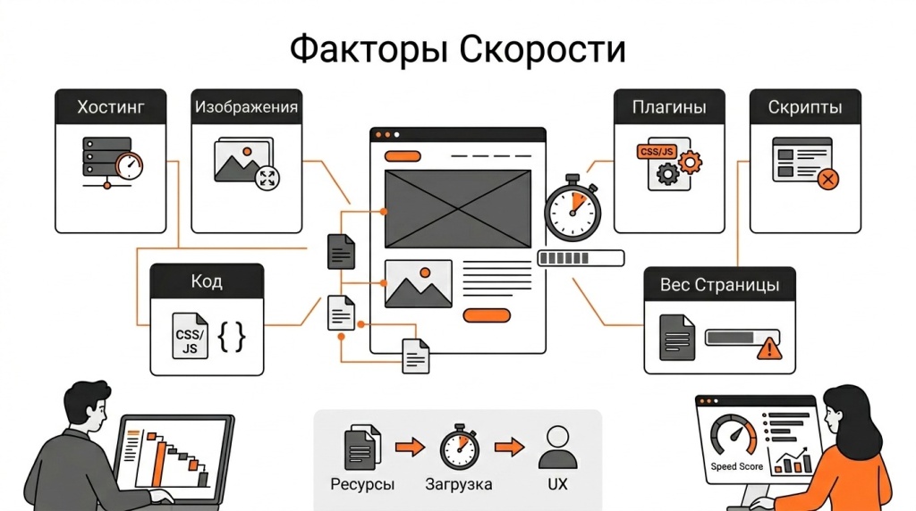 Инфографика о факторах скорости загрузки страниц: хостинг, сервер, изображения, код, плагины, скрипты и вес страницы. 