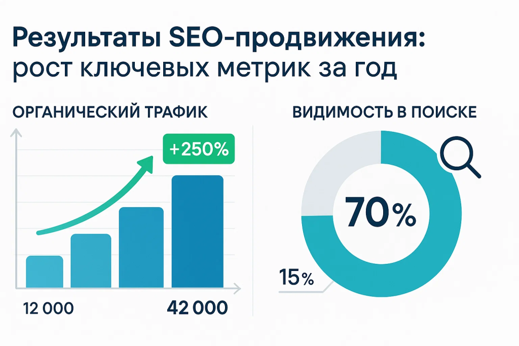 Результаты SEO продвижения с ростом трафика и увеличением видимости в поиске. Результаты SEO продвижения с ростом трафика и увеличением видимости в поиске.