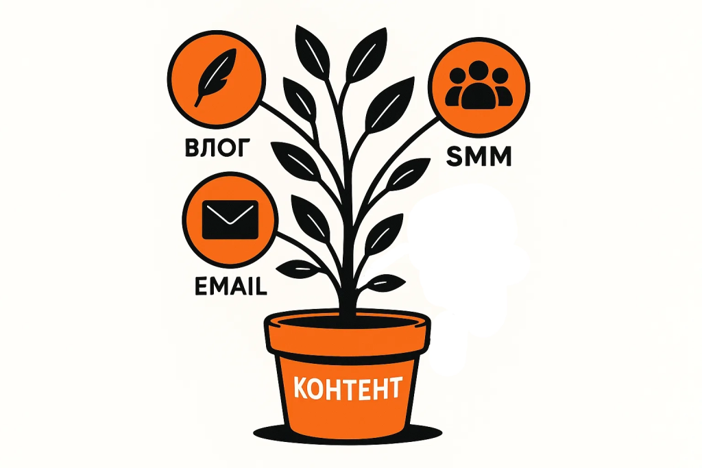 Векторное изображение органического роста: ветви с иконками Блог, SMM и Email, символизирующие бесплатное продвижение и трафик.