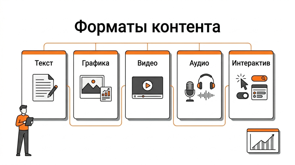 Инфографика с классификацией контента по форматам подачи: текст, графика, видео, аудио и интерактив. 