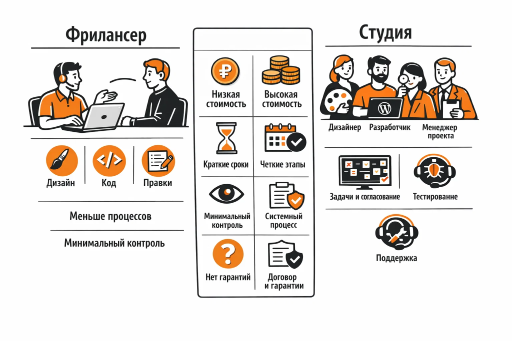 Иллюстрация сравнения разработки сайта на WordPress у фрилансера и в студии.